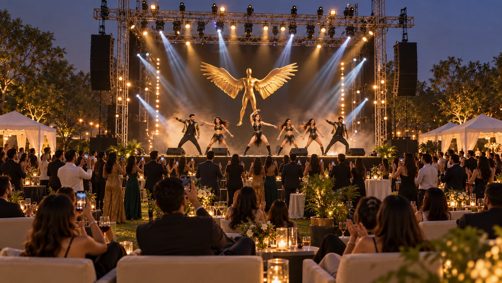 Guests watching a live stage performance at night