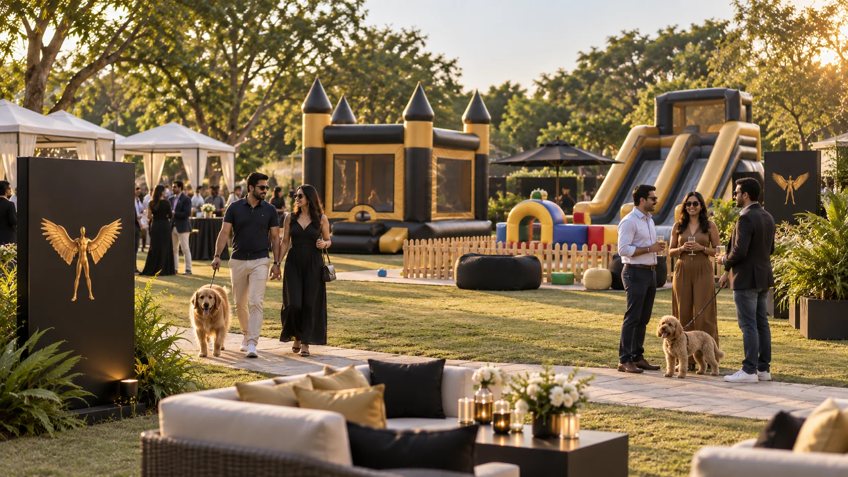 Families with children and a dog on a lawn with play areas