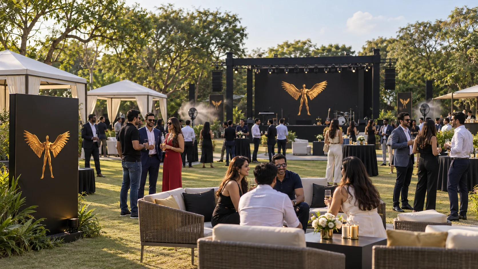 Guests relaxing in a garden lounge at an ElegantMeetUps event