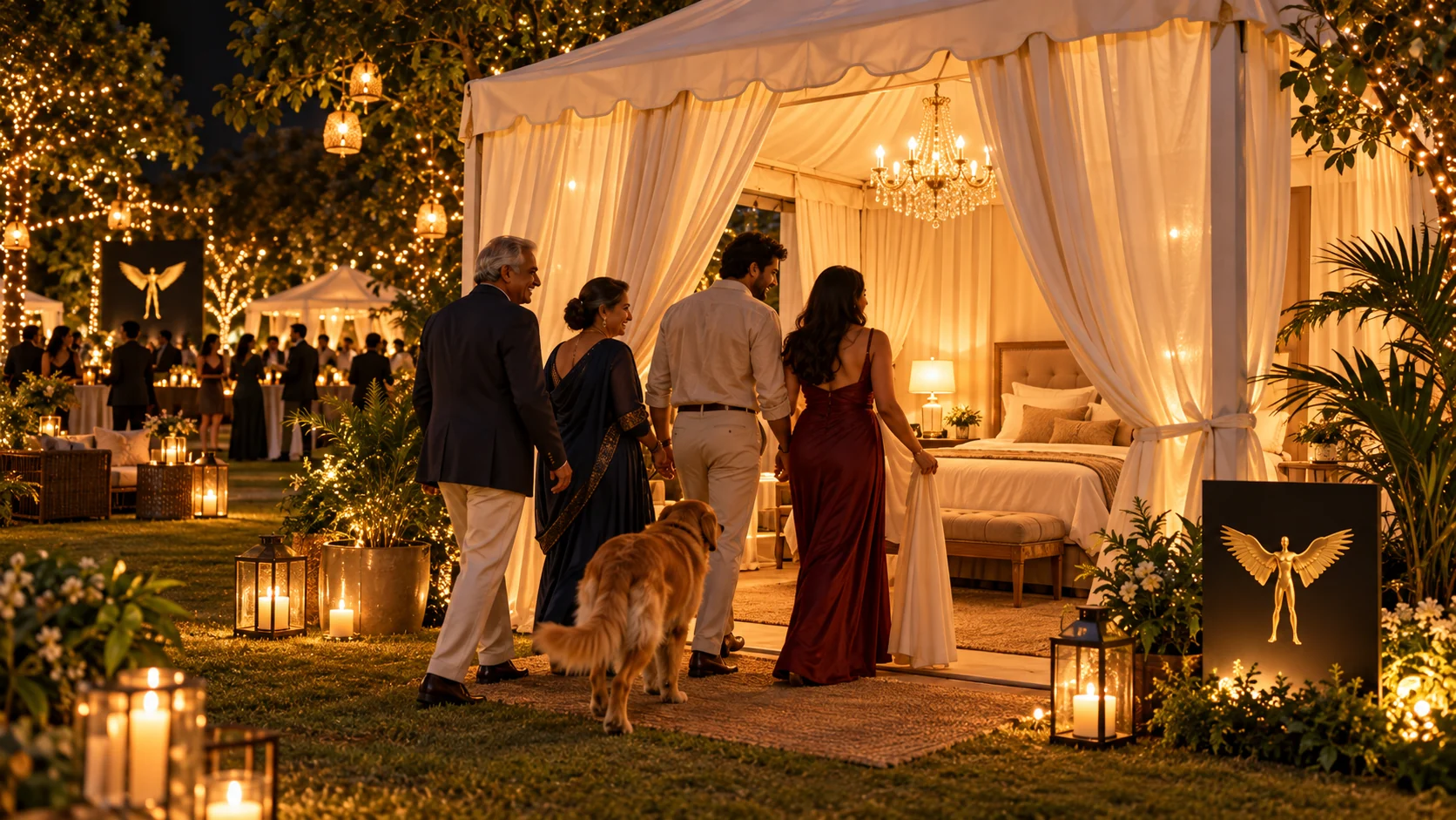 Caretakers welcoming a couple and their dog into a lit overnight tent at an event venue
