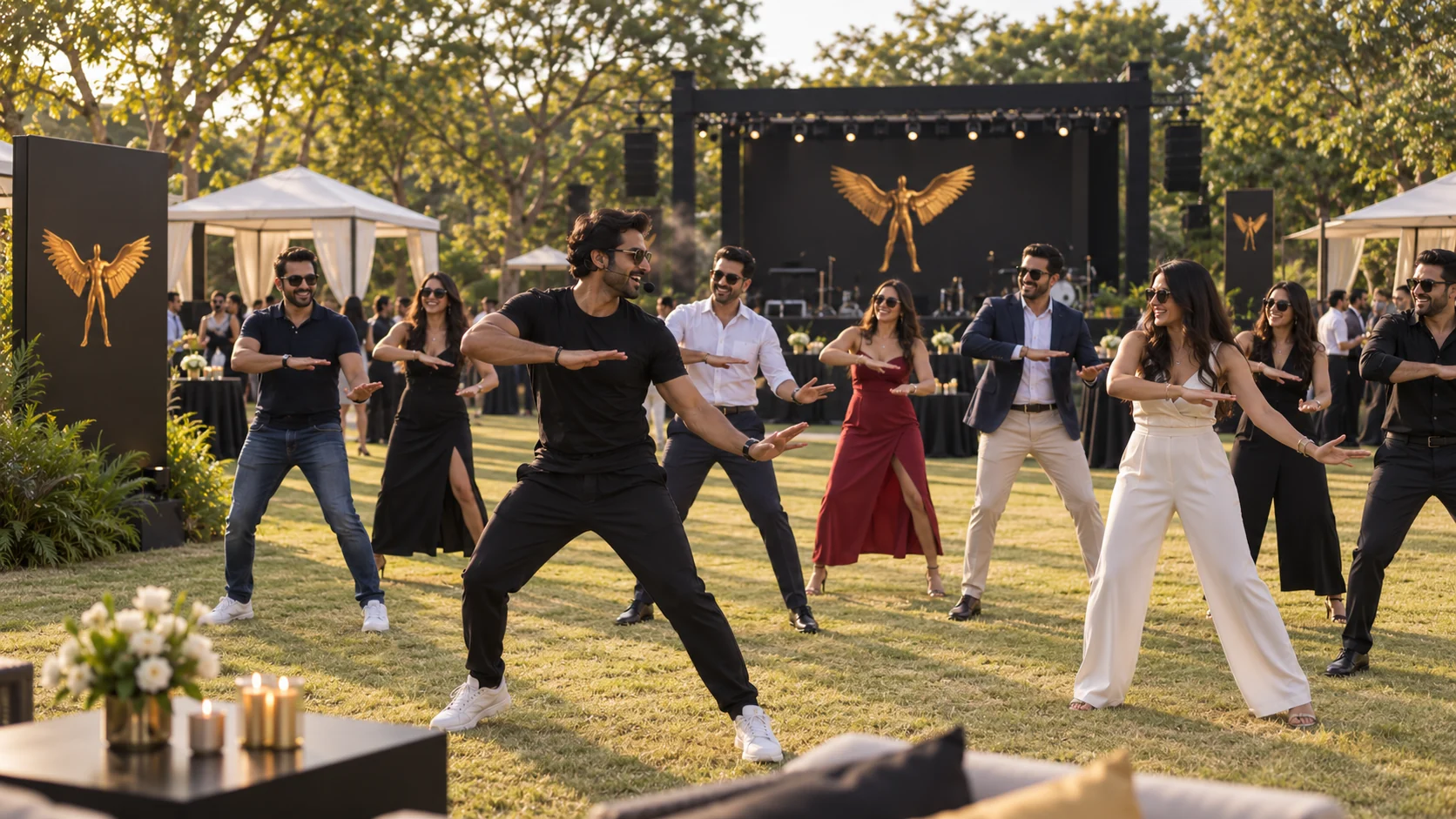 Guests rehearsing a dance on a lawn