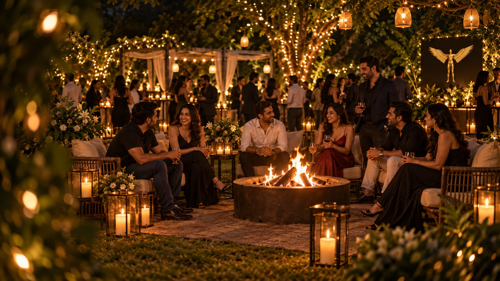 Guests around a bonfire at night