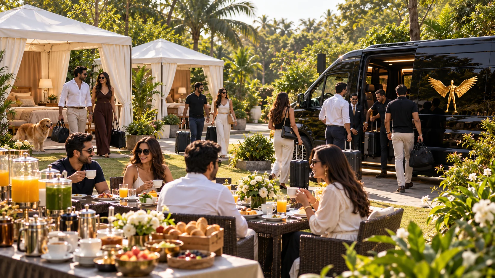 Guests having breakfast in a garden while others arrive at a black van with their luggage